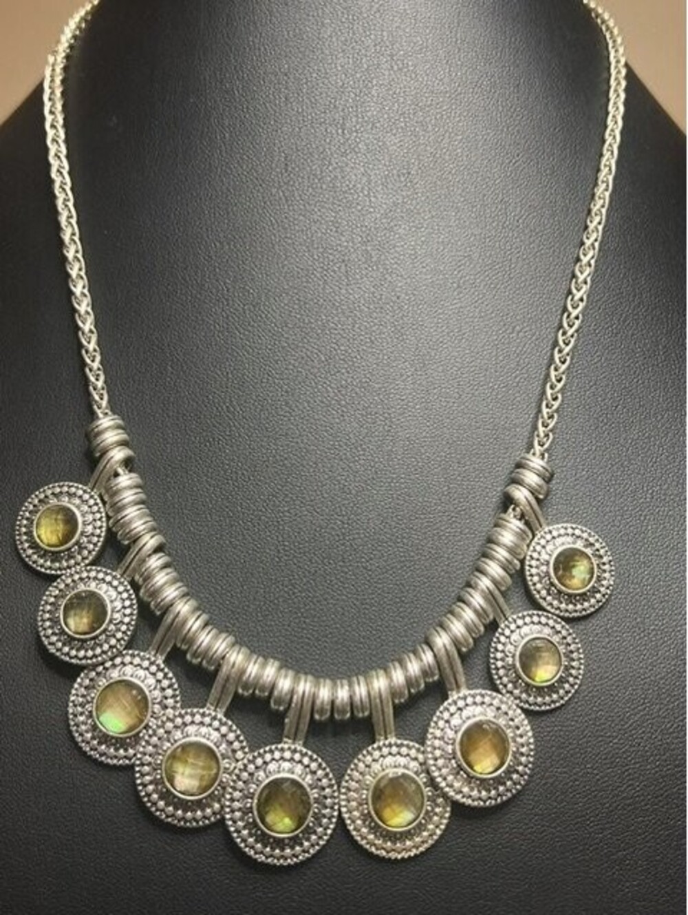 B6835 Lucky Brand Bib Necklace 16-18" Abalone Silver Tone Statement